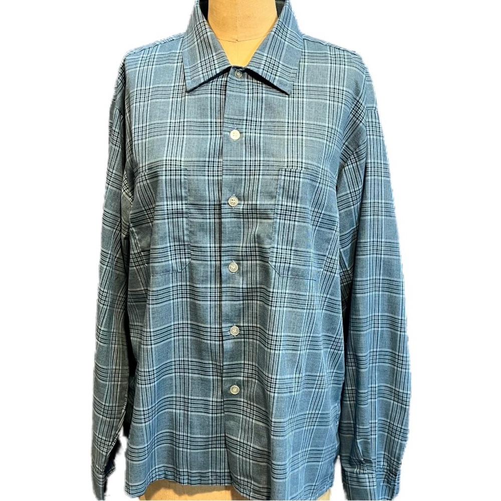 VINTAGE 70s‎ 80s Kmart blue lightweight plaid button down shirt preppy academia